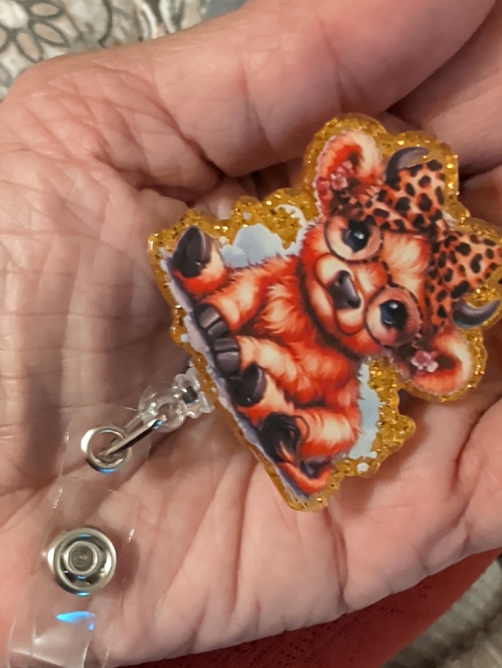 Cute Glittery Baby Animal Badge Reel - Orange and Gold